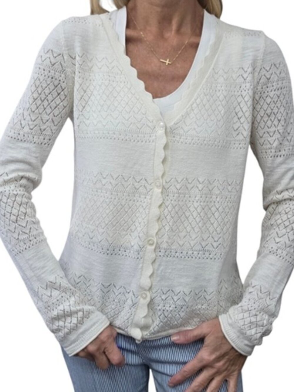Frye Ivory Pointelle Cotton Cardigan Scalloped Pearl Button S